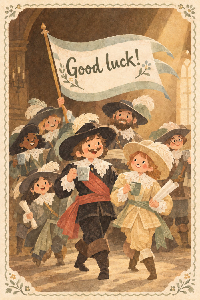 Feathered March — cartoon style farewell greeting card