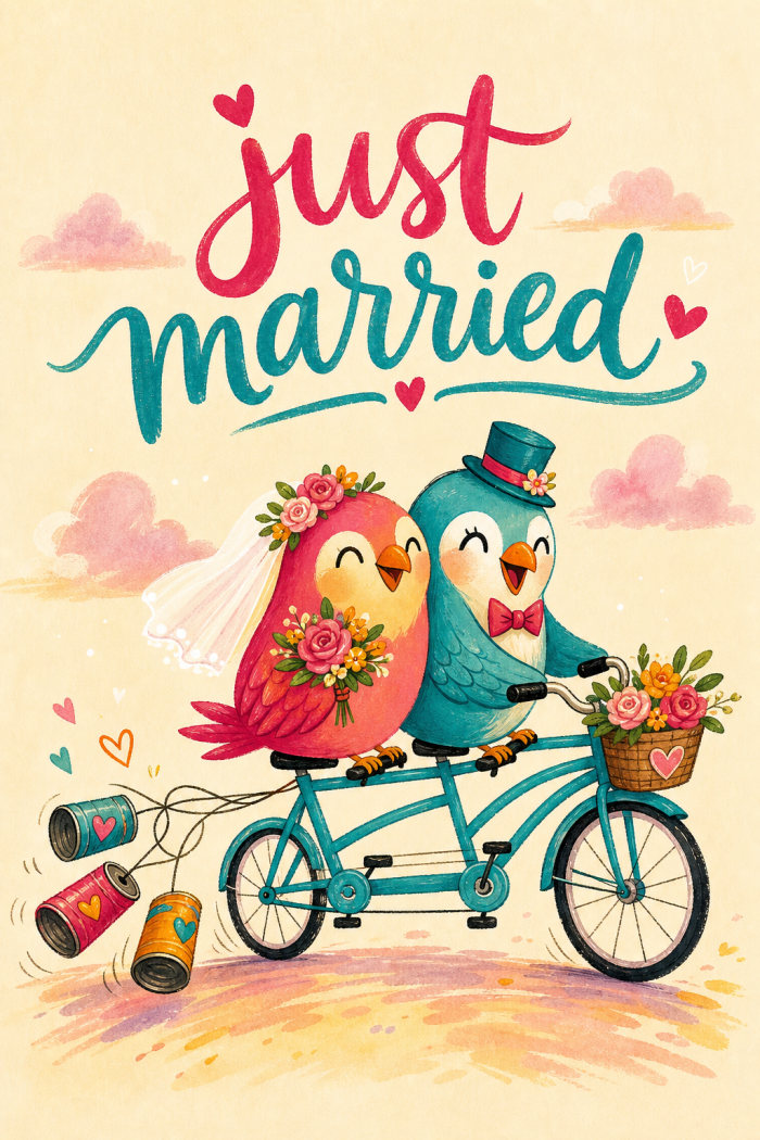 Birds Bicycle — colorful style wedding greeting card
