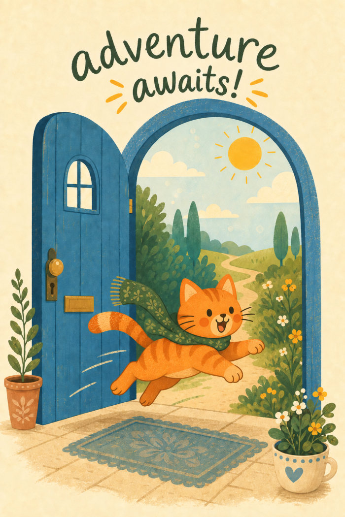 Travel Cat — cartoon style farewell greeting card