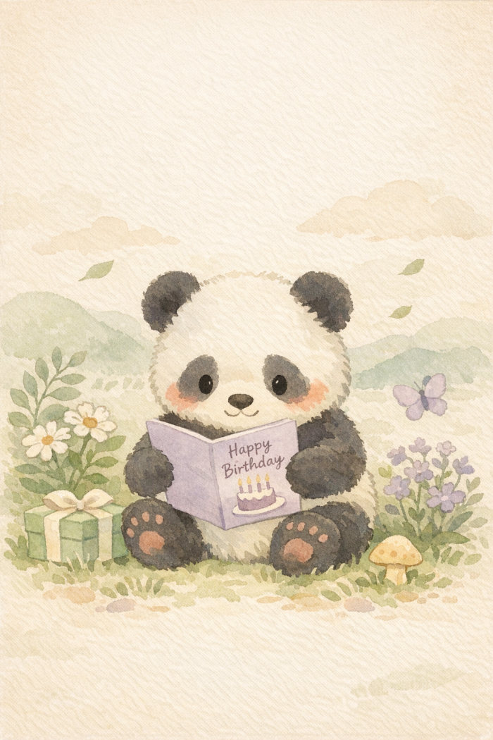 Reading Panda — calm style birthday greeting card