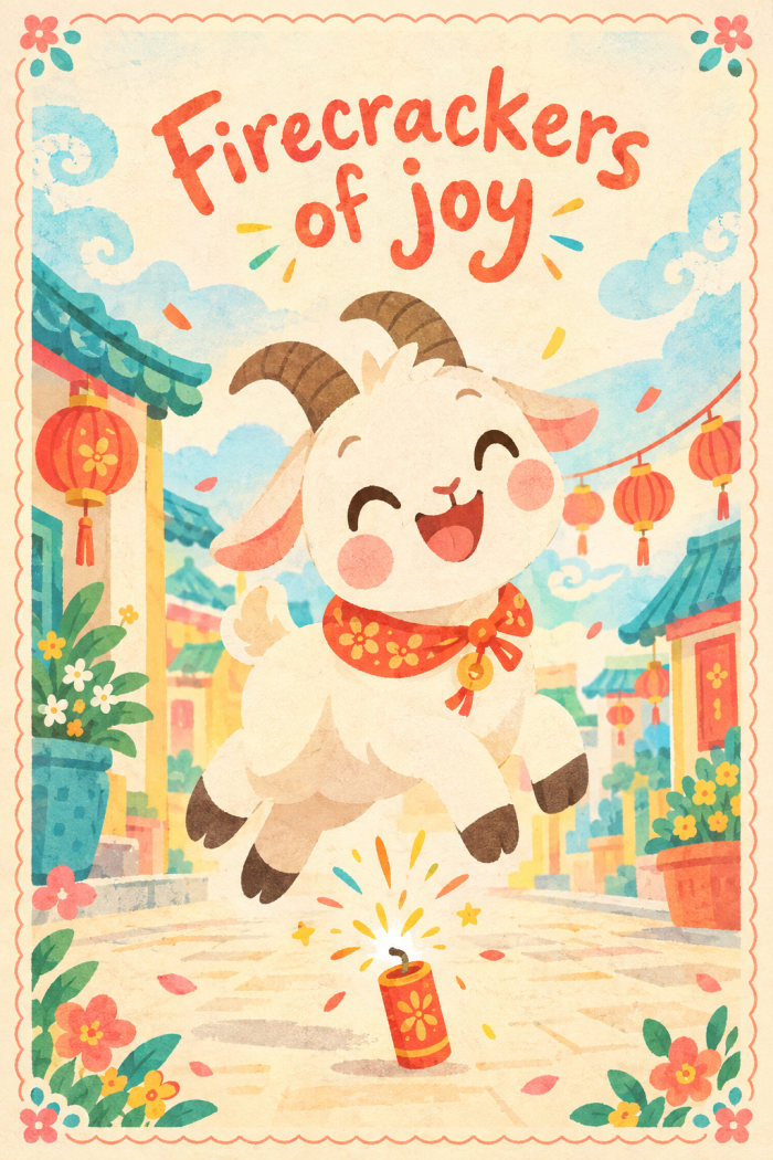Joyful Firecracker — cartoon style lunar new year greeting card