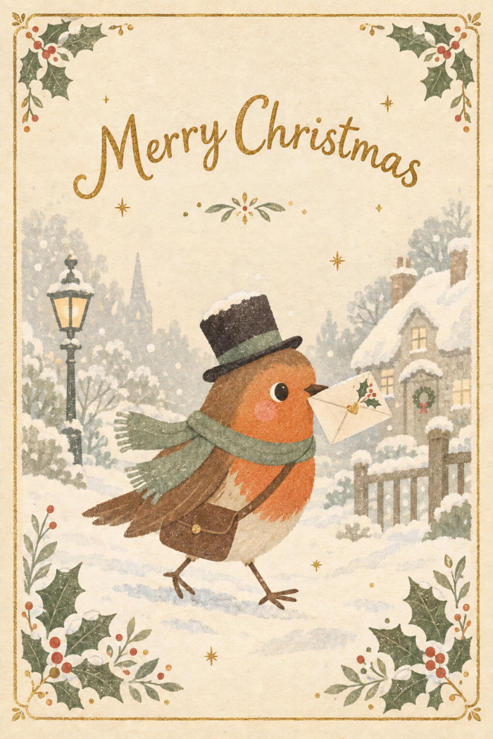 A robin in a top hat carrying a letter through a snowy village