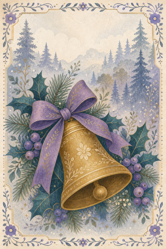 A golden bell with a purple bow and holly against snowy pines