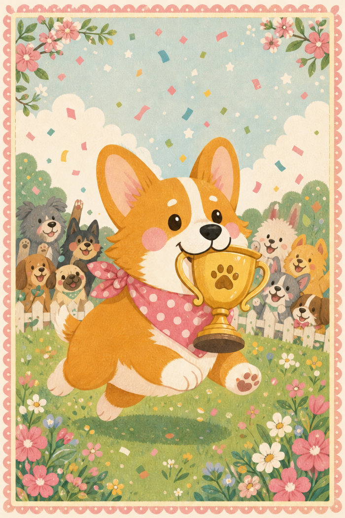 Victory Pup — cartoon style congratulations greeting card