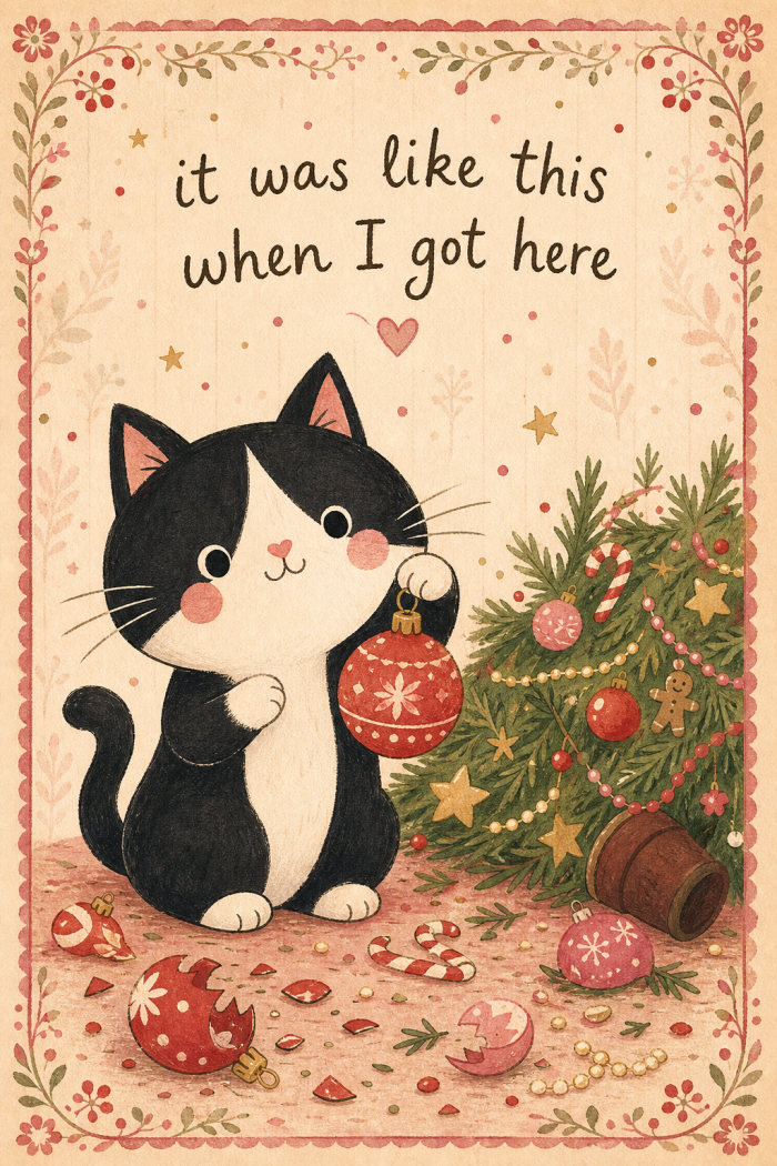 A black and white cat holding an ornament beside a knocked-over tree under the words it was like this when I got here