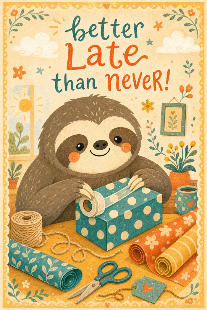 Sloth Wrapping — birthday greeting card