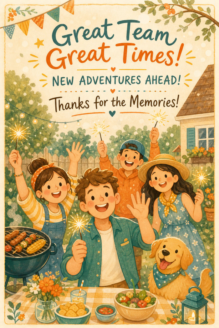 Backyard Farewell — cartoon style farewell greeting card