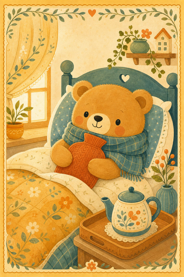 Cozy Comfort — cartoon style get well soon greeting card