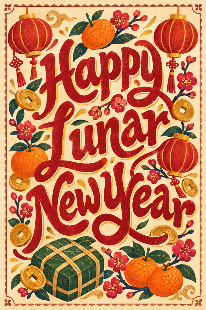 Lantern Harmony — cartoon style lunar new year greeting card
