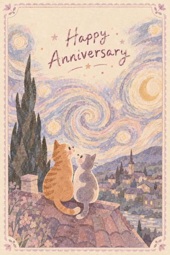Rooftop Companions — anniversary greeting card