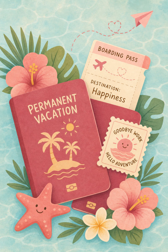 Vacation Passport — cartoon style retirement greeting card