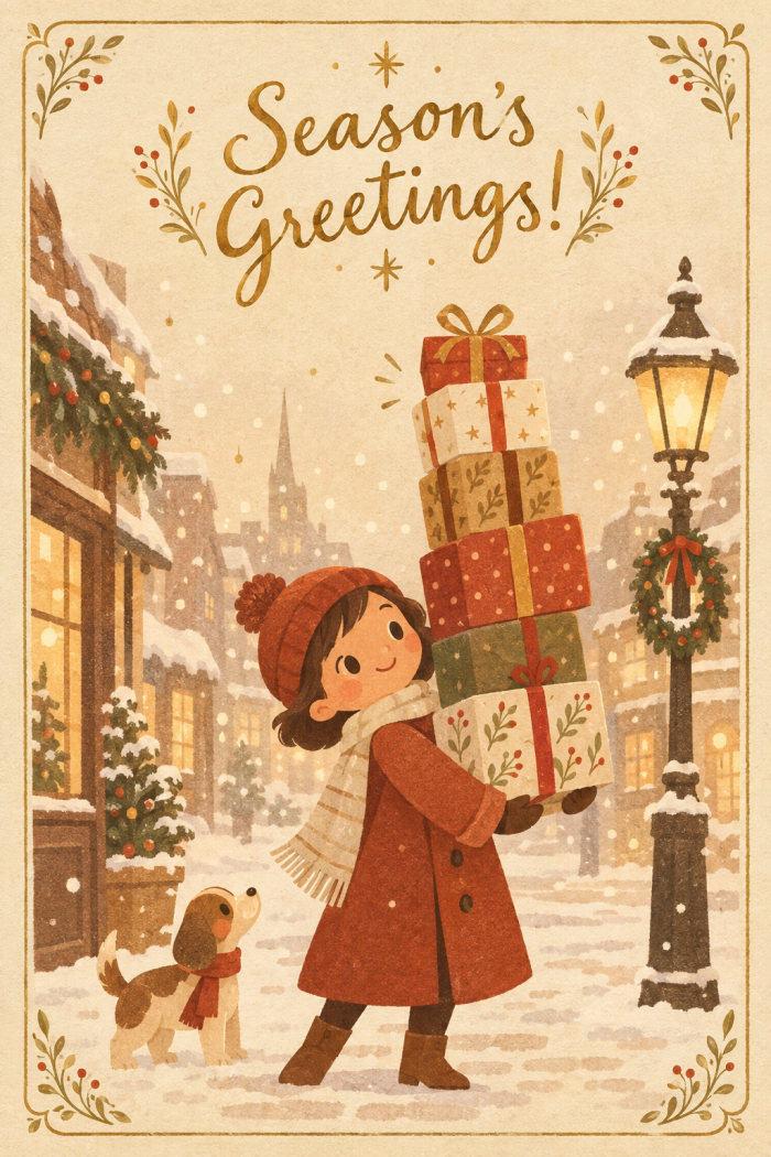 A girl carrying a tower of presents down a snowy street under the words Season's Greetings