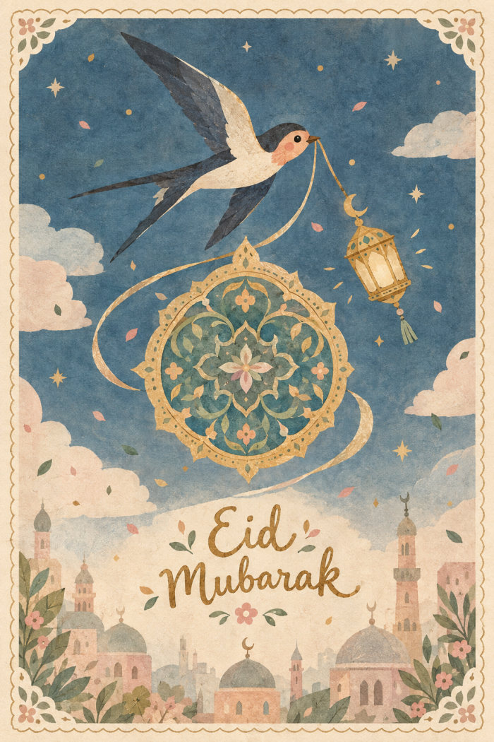 Swallow Lantern — artistic style eid greeting card