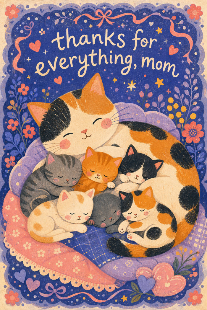 Cat Cuddle — colorful style mother's day greeting card