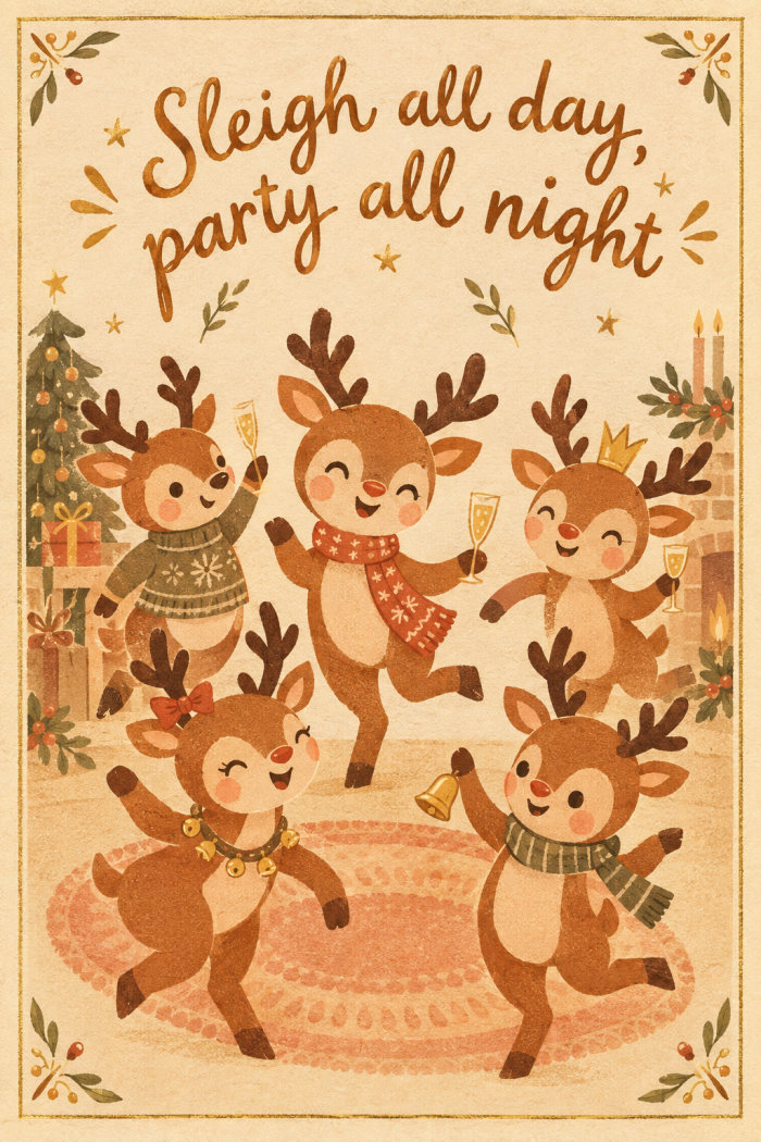 Reindeer in scarves dancing under the words Sleigh all day, party all night