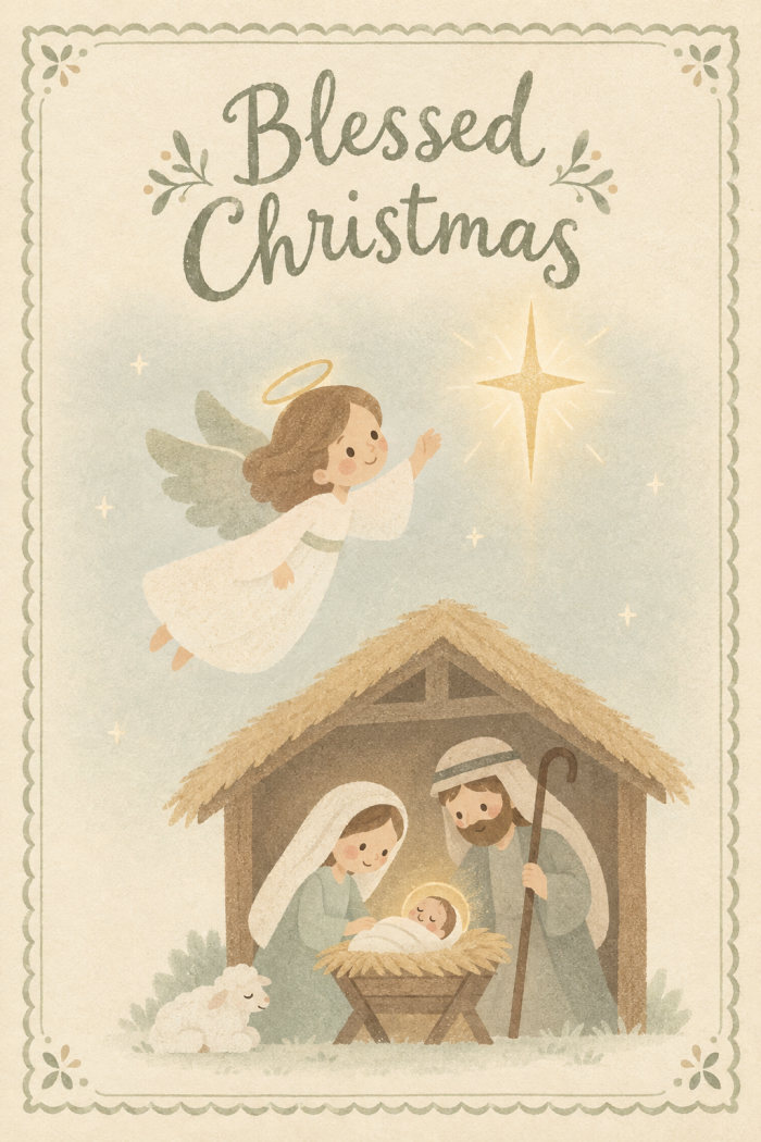 A nativity scene with an angel and a bright star under the words Blessed Christmas