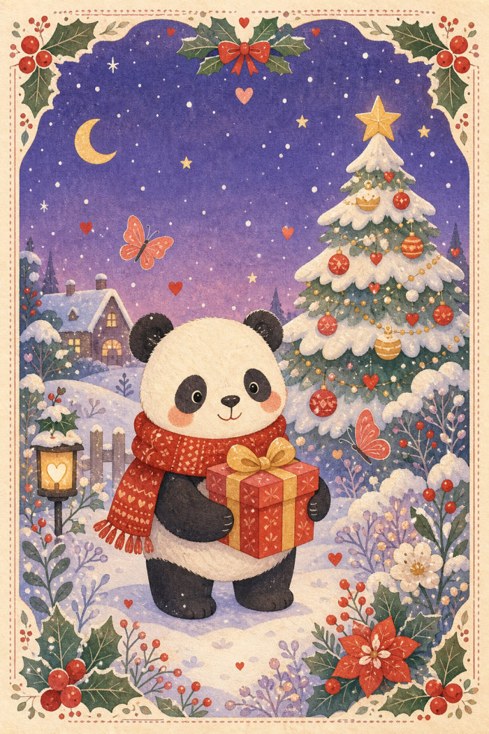 A panda in a red scarf holding a present beside a Christmas tree in the snow