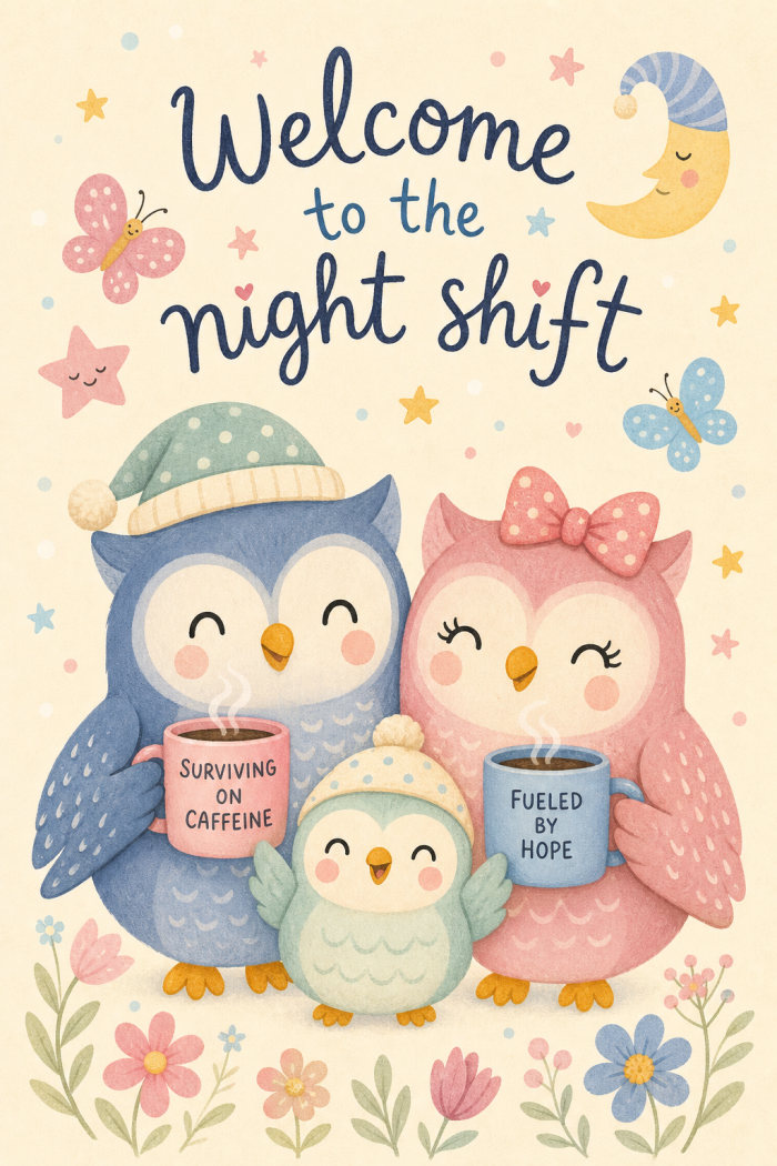 Tired Owls — colorful style new baby greeting card