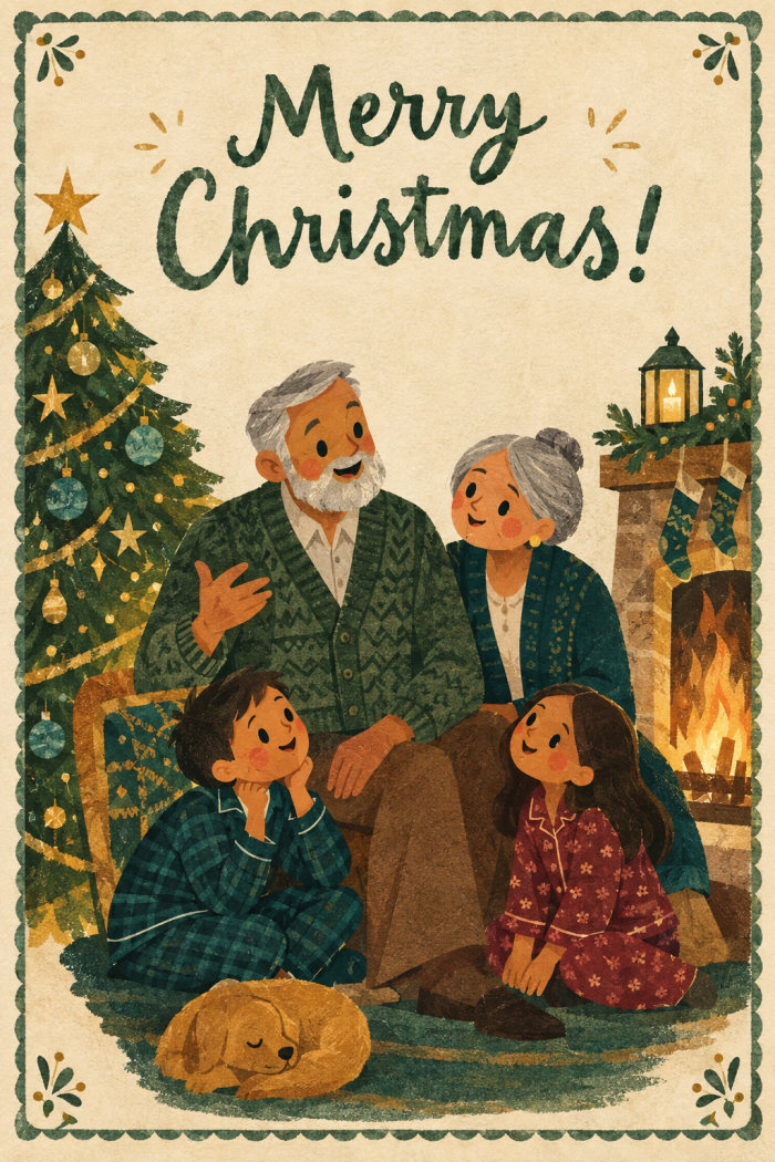 Grandparents and grandchildren by the fire under the words Merry Christmas