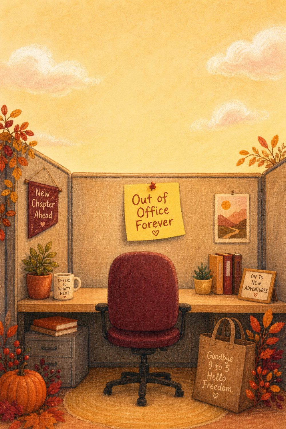 Cozy Cubicle — artistic style retirement greeting card