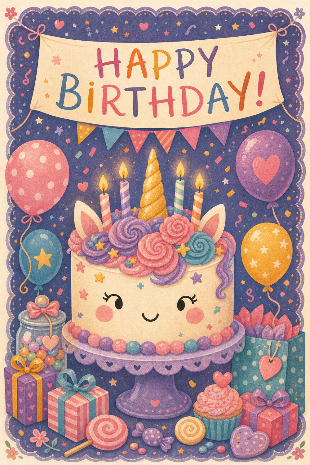 Magical Unicorn — cartoon style birthday greeting card