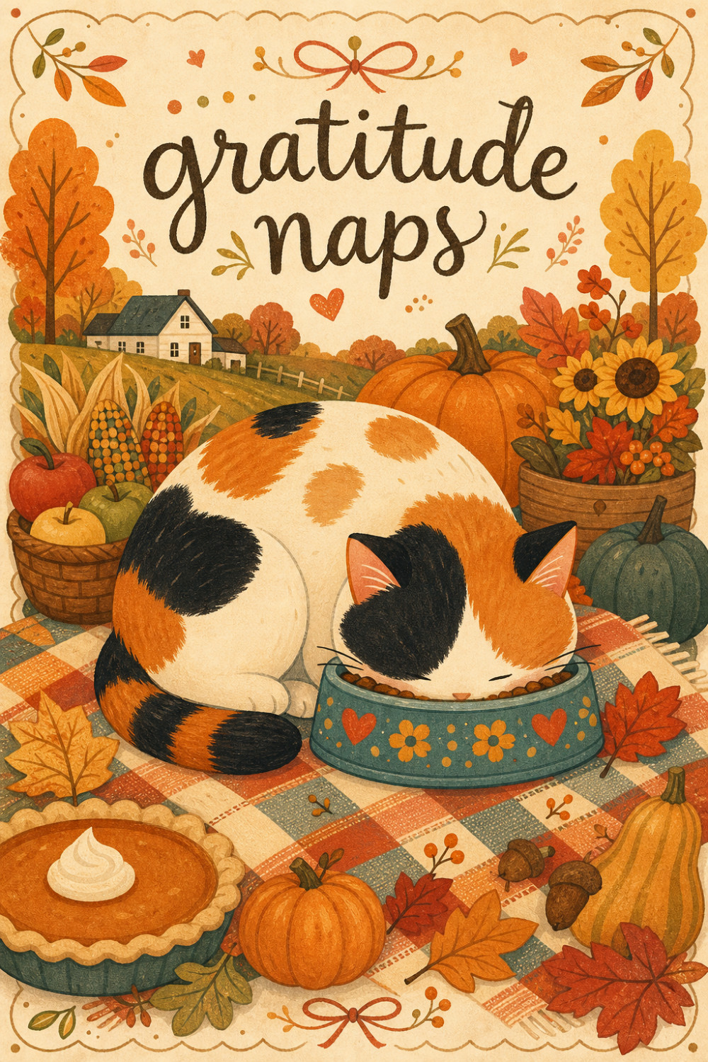Sleepy Cat — cartoon style thanksgiving greeting card
