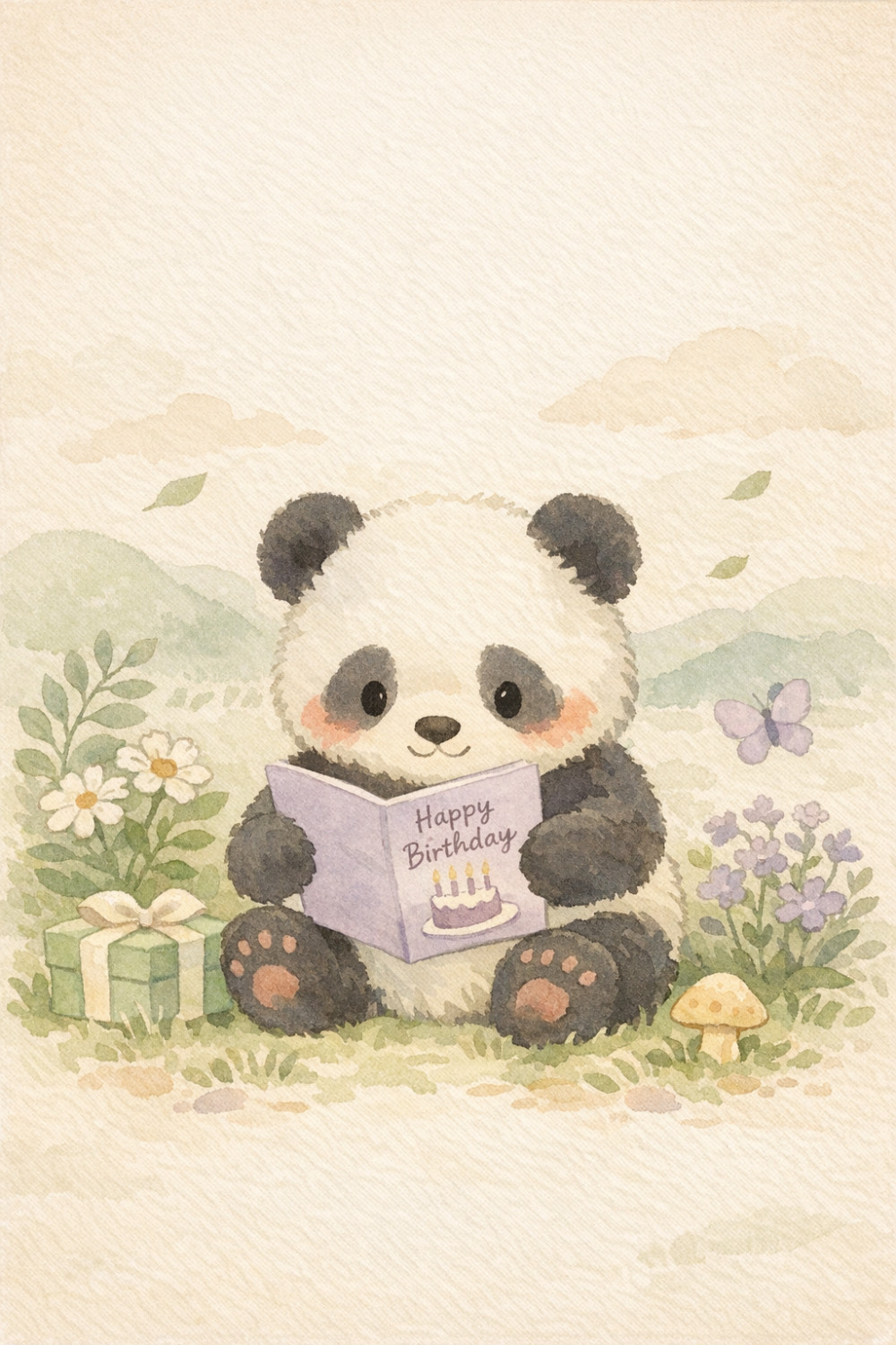 Reading Panda — calm style birthday greeting card