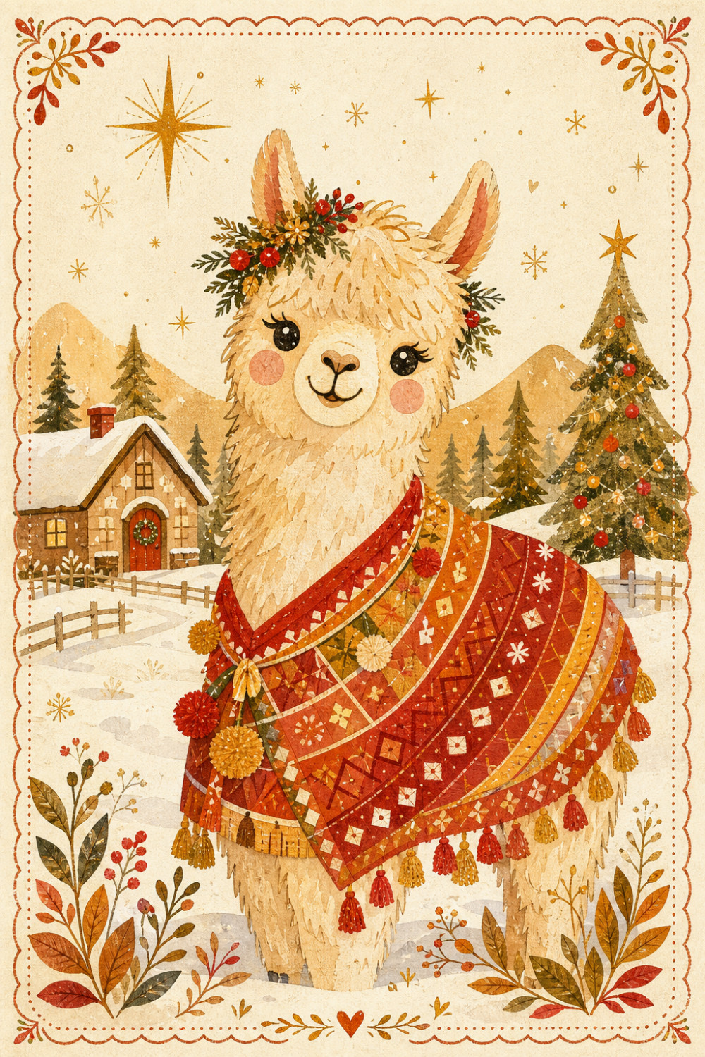 Cozy Llama — artistic style christmas greeting card