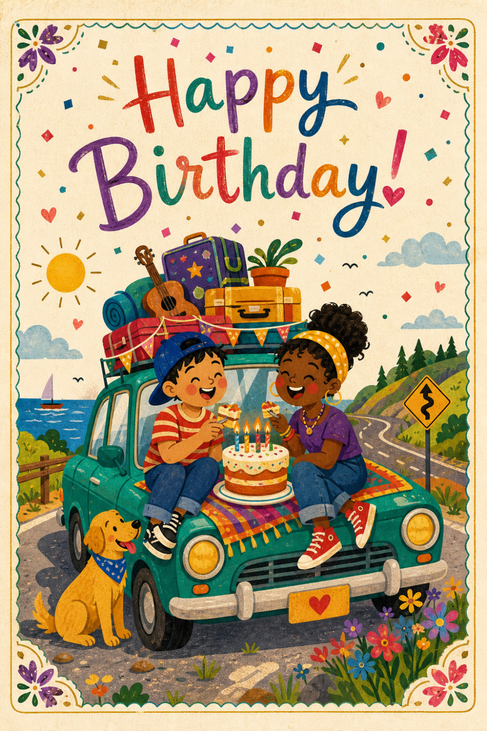 Road Trip — colorful style birthday greeting card