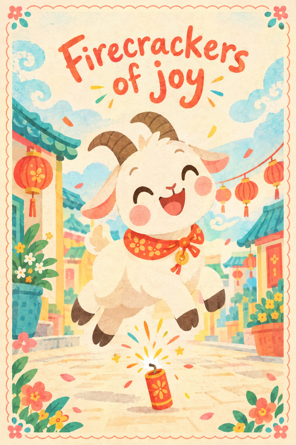 Joyful Firecracker — cartoon style lunar new year greeting card
