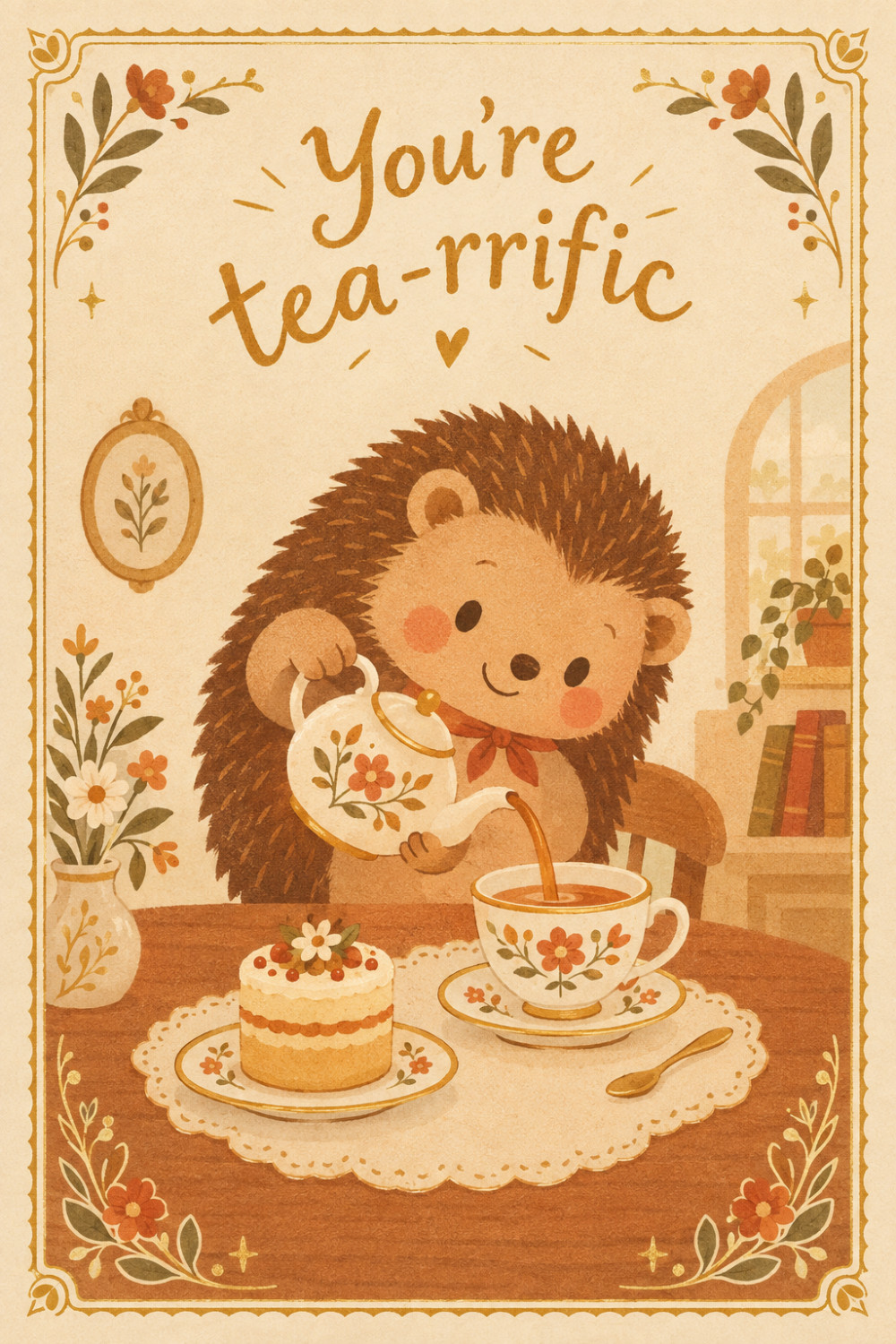 Tea Hedgehog — elegant style birthday greeting card