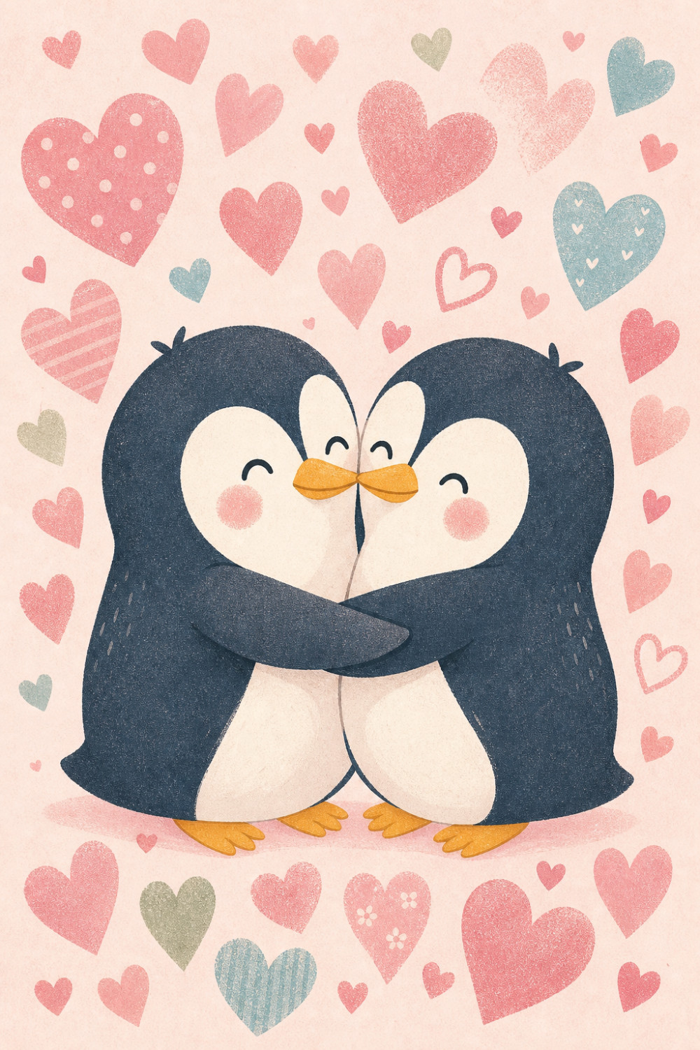 Penguin Embrace — cartoon style anniversary greeting card