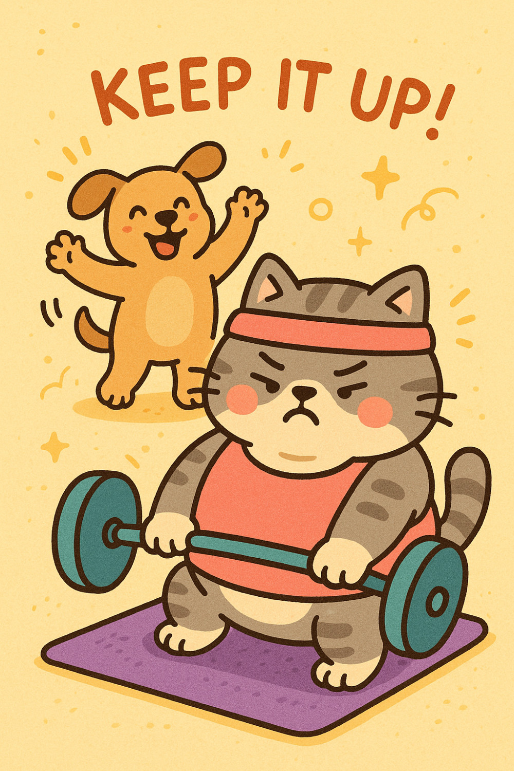 Kitty Lifting — cartoon style congratulations greeting card