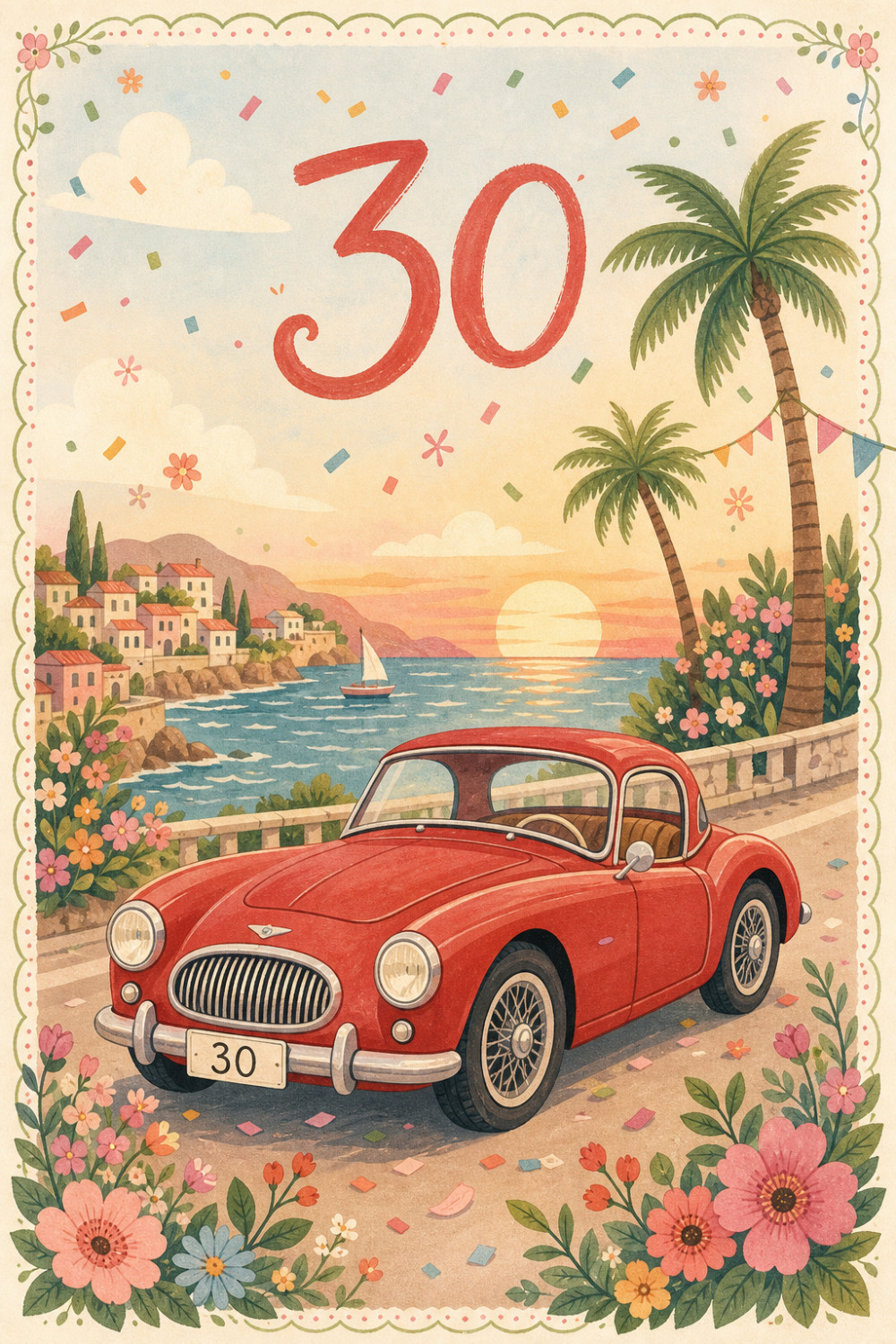 Sunset Drive — cartoon style birthday greeting card