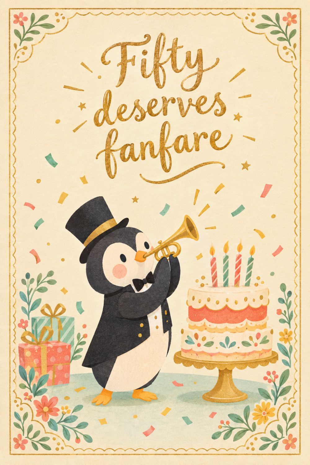 Trumpet Penguin — elegant style birthday greeting card