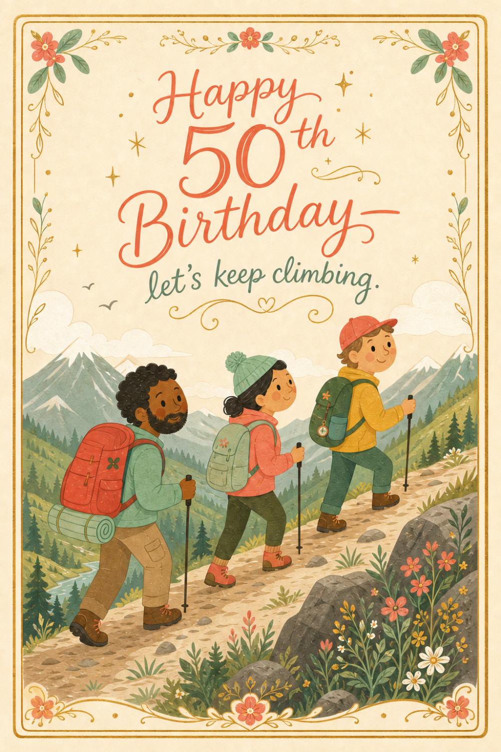 Mountain Hikers — elegant style birthday greeting card