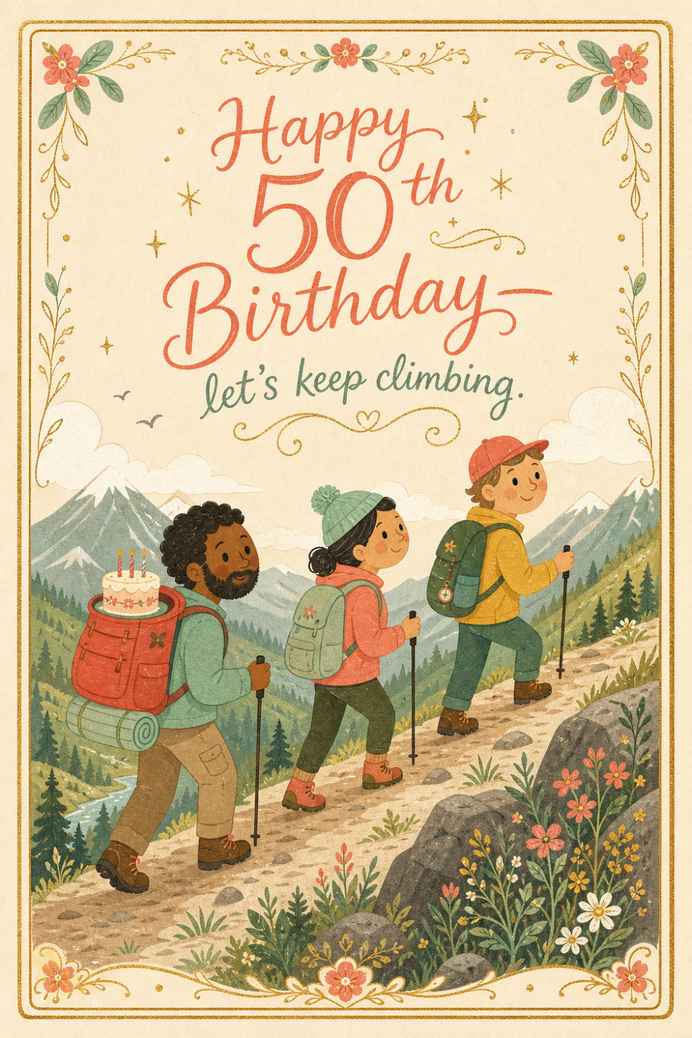 Mountain Hikers — elegant style birthday greeting card