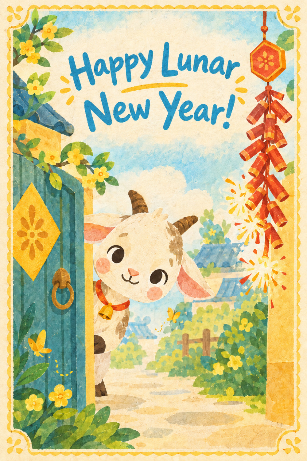 Goat Peekaboo — artistic style lunar new year greeting card