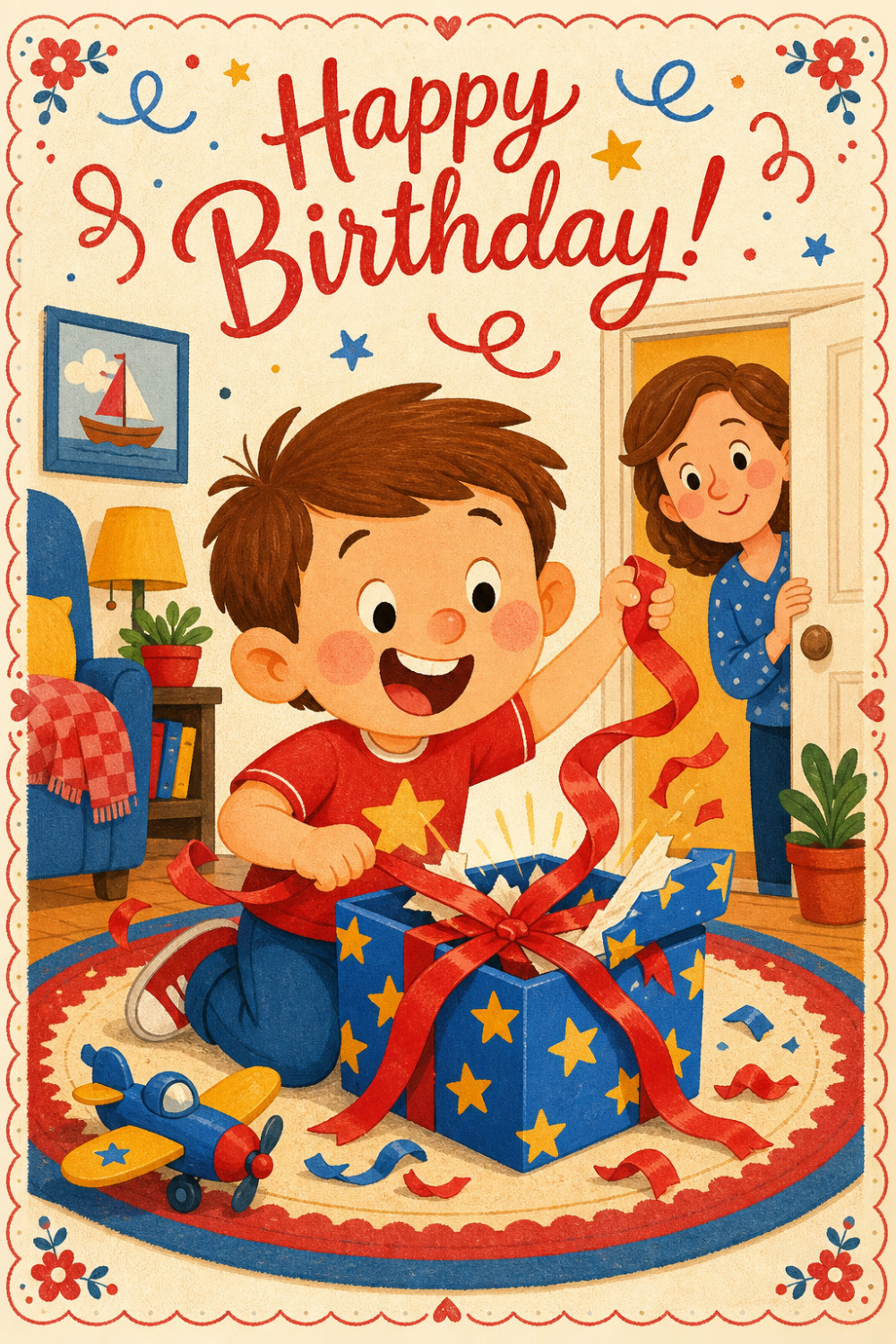 Surprise Present — cartoon style birthday greeting card