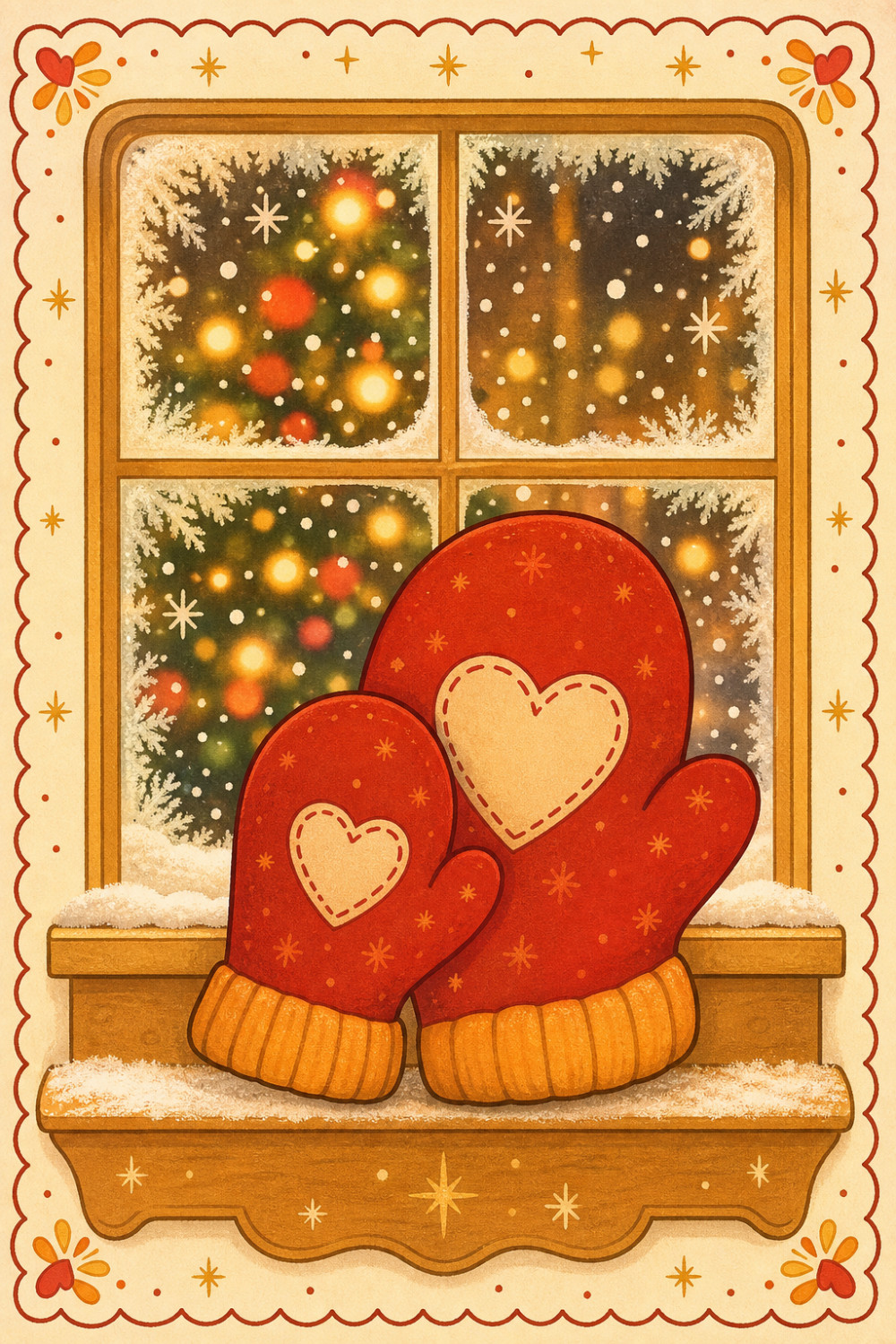 Cozy Mittens — cartoon style christmas greeting card