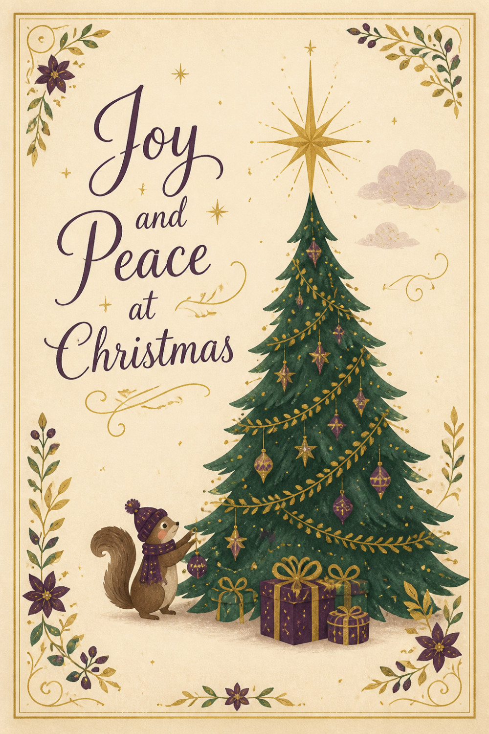 Squirrel Decorates — elegant style christmas greeting card