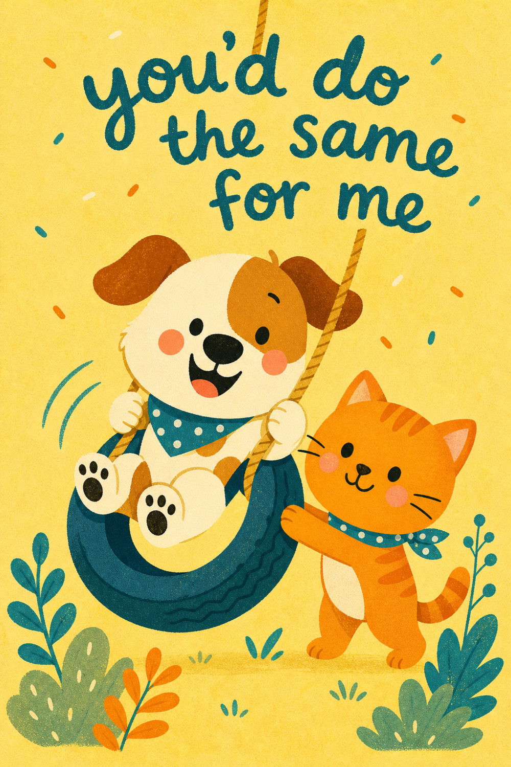 Swing Push — cartoon style friendship greeting card