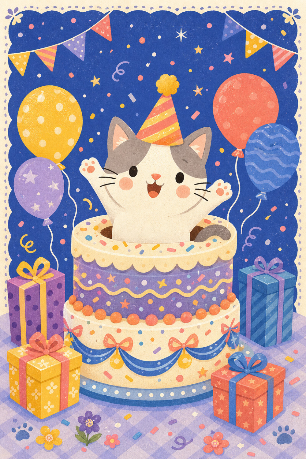 Mischievous Kitten — colorful style birthday greeting card