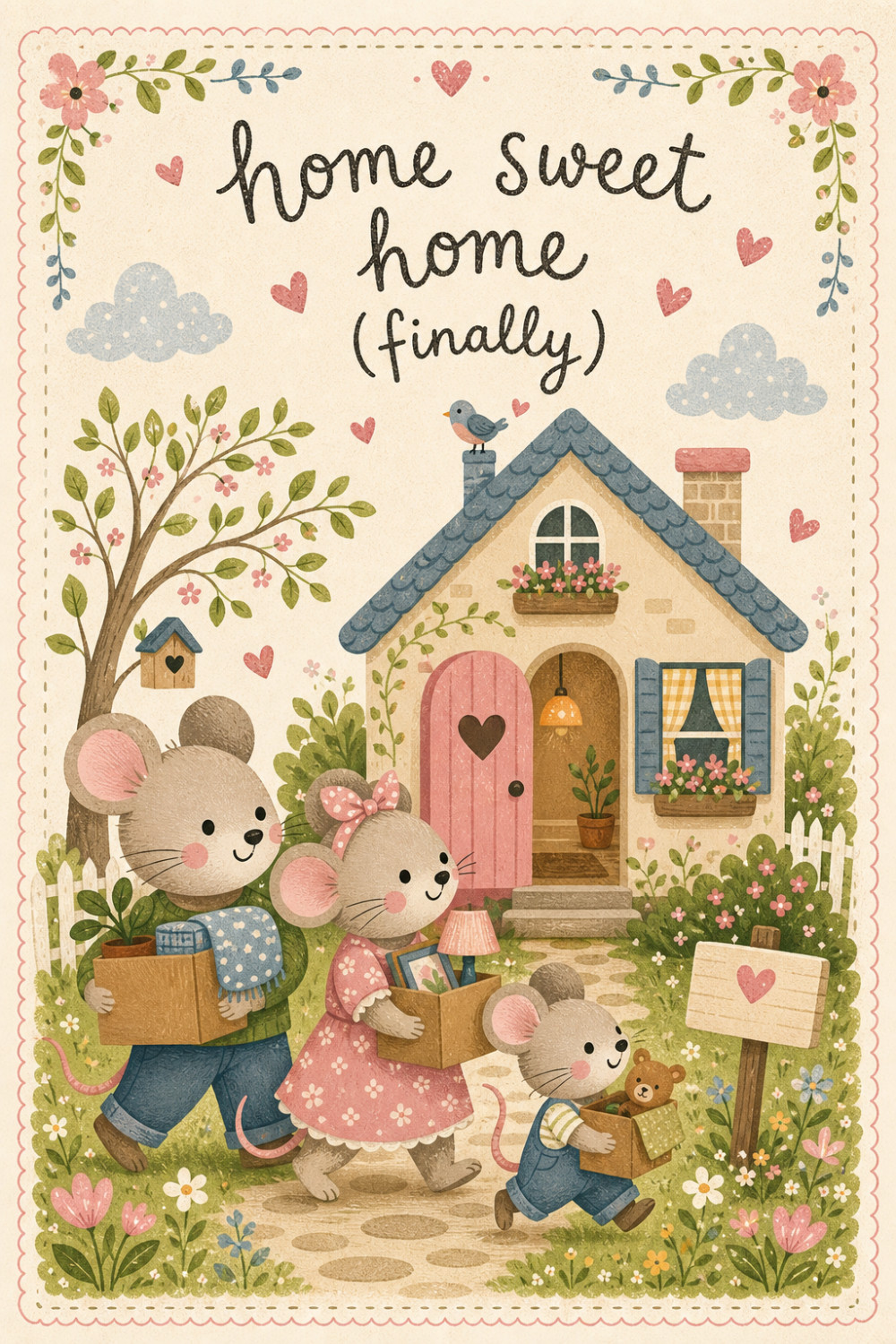 Mouse Moving — cartoon style new home greeting card