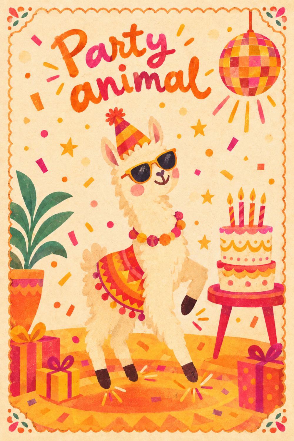 Disco Llama — colorful style birthday greeting card