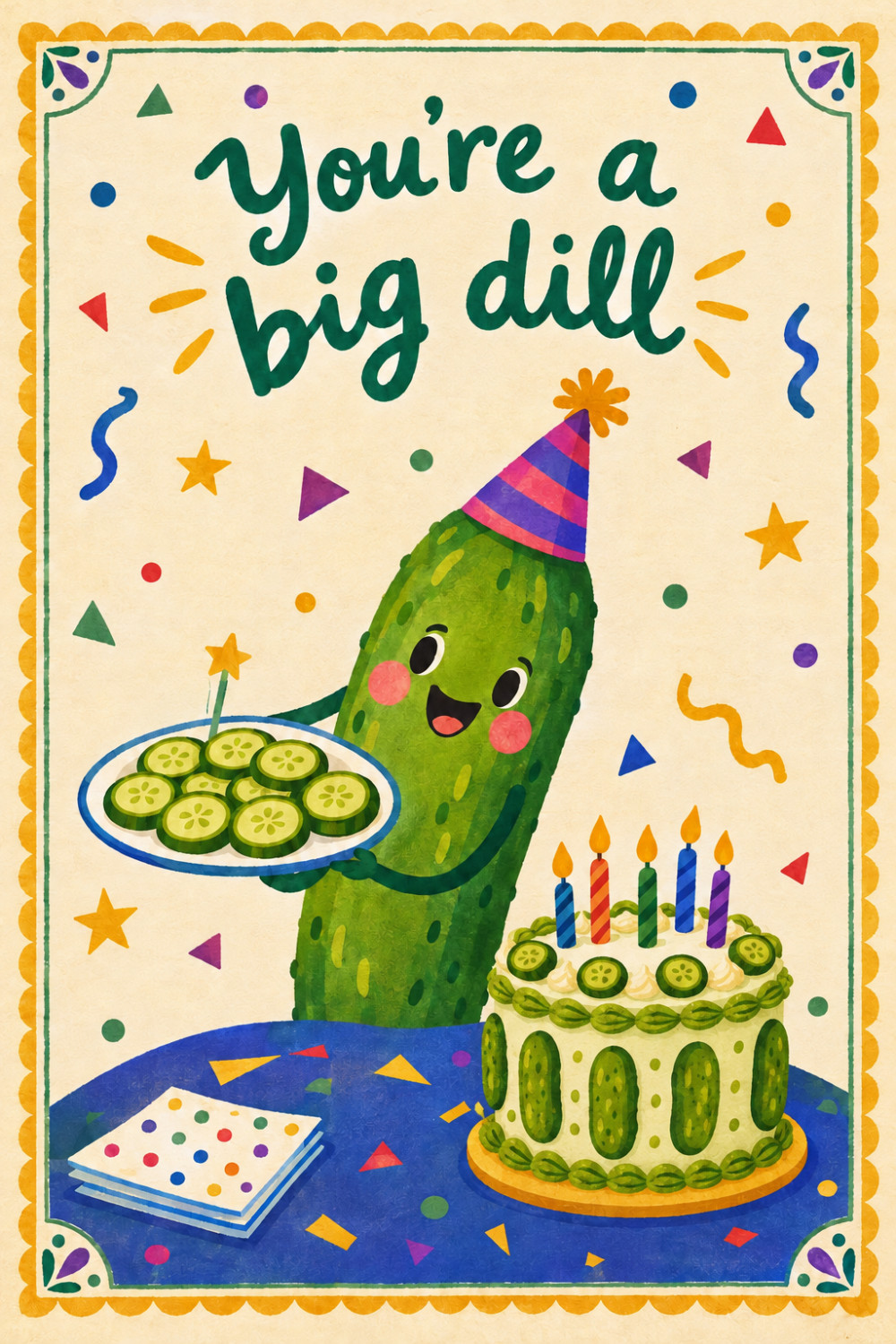 Pickle Party — colorful style birthday greeting card