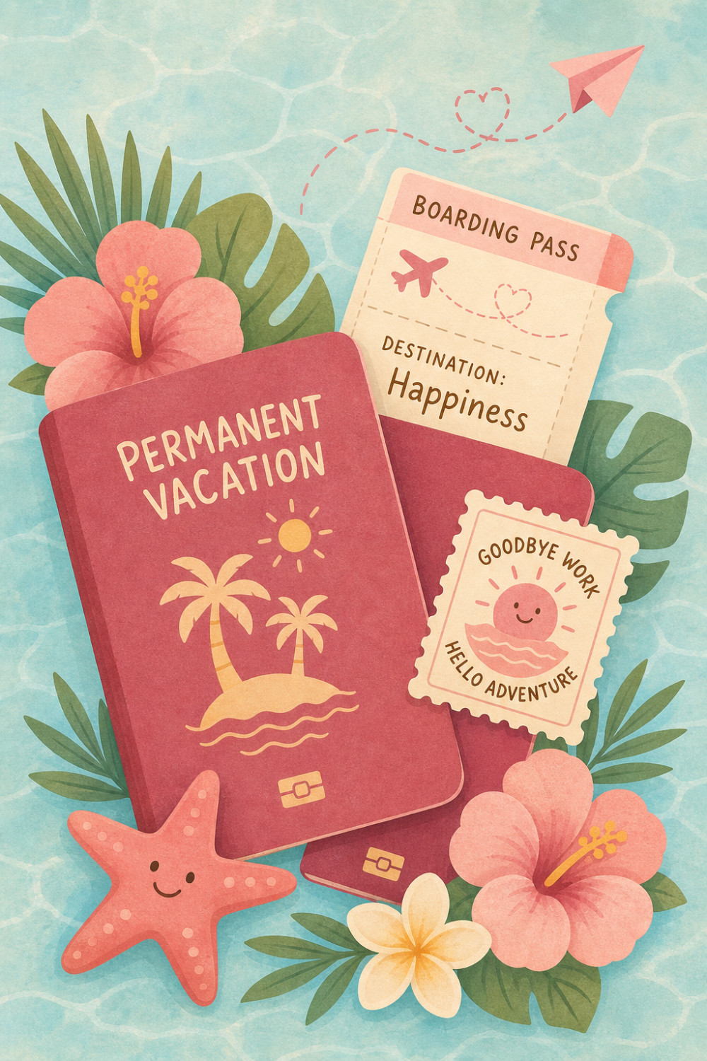 Vacation Passport — cartoon style retirement greeting card