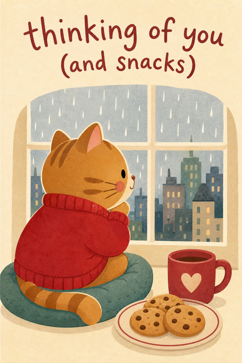 Rainy Window — cartoon style thinking of you greeting card