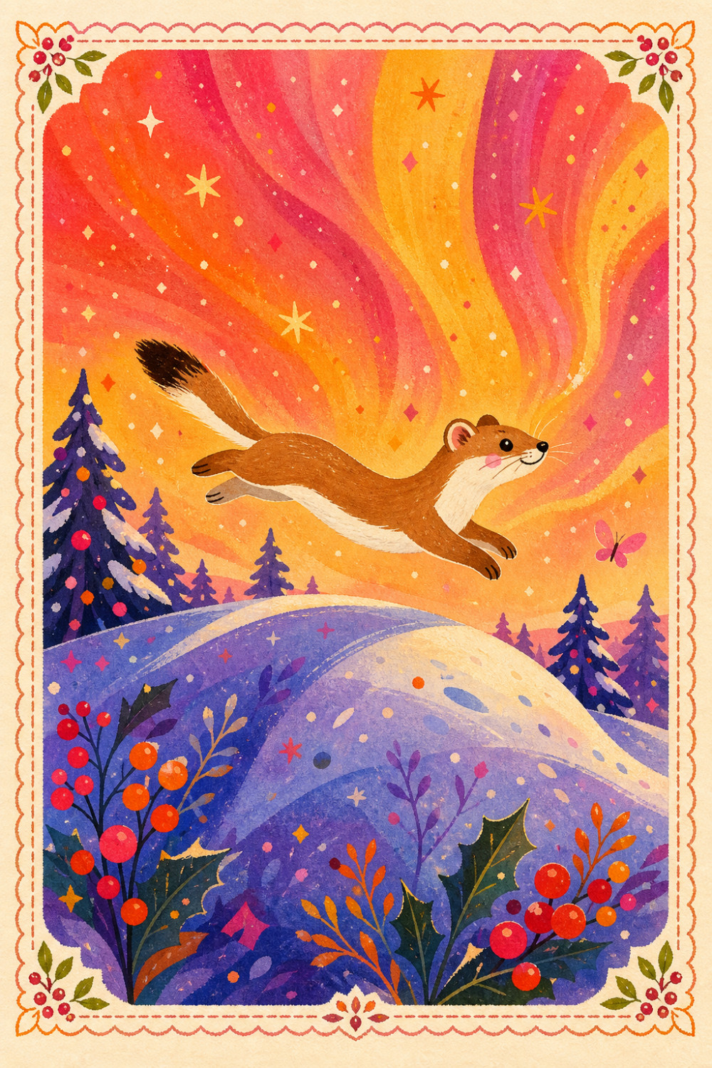 Winter Weasel — colorful style christmas greeting card