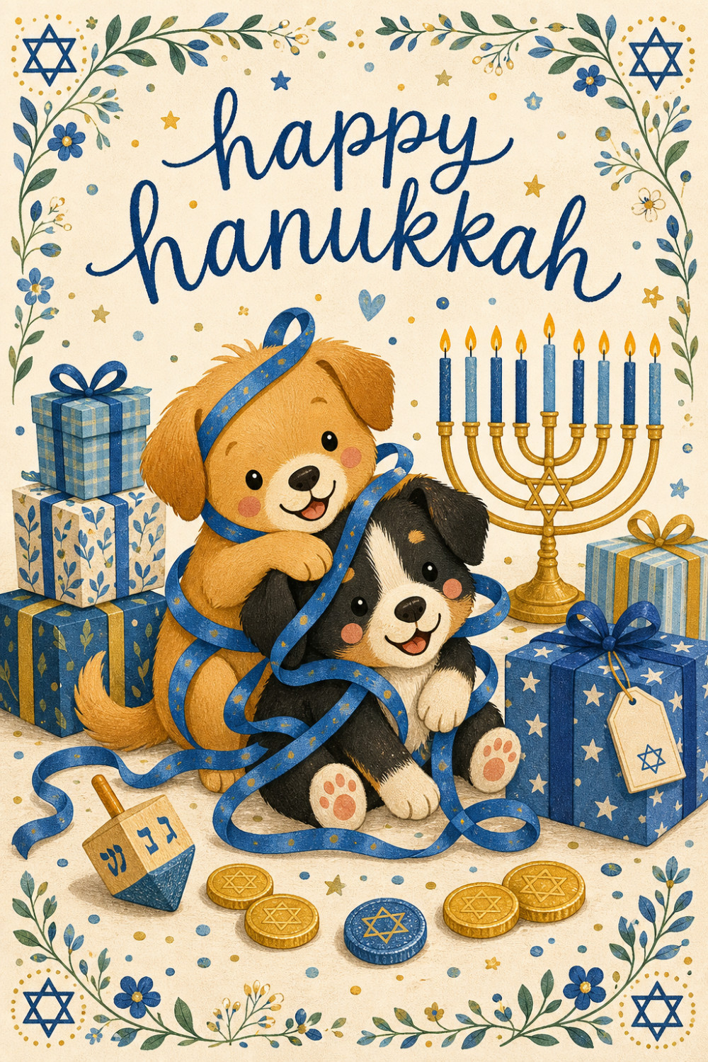 Playful Puppies — colorful style hanukkah greeting card